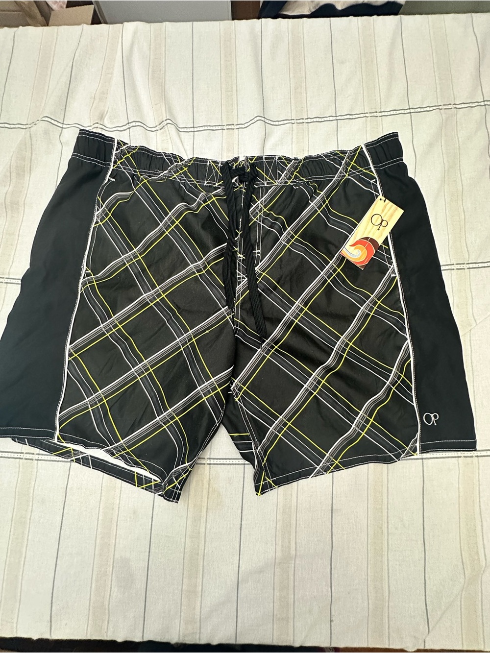 OP Men’s Black Swim Trunks with Yellow and White Plaid